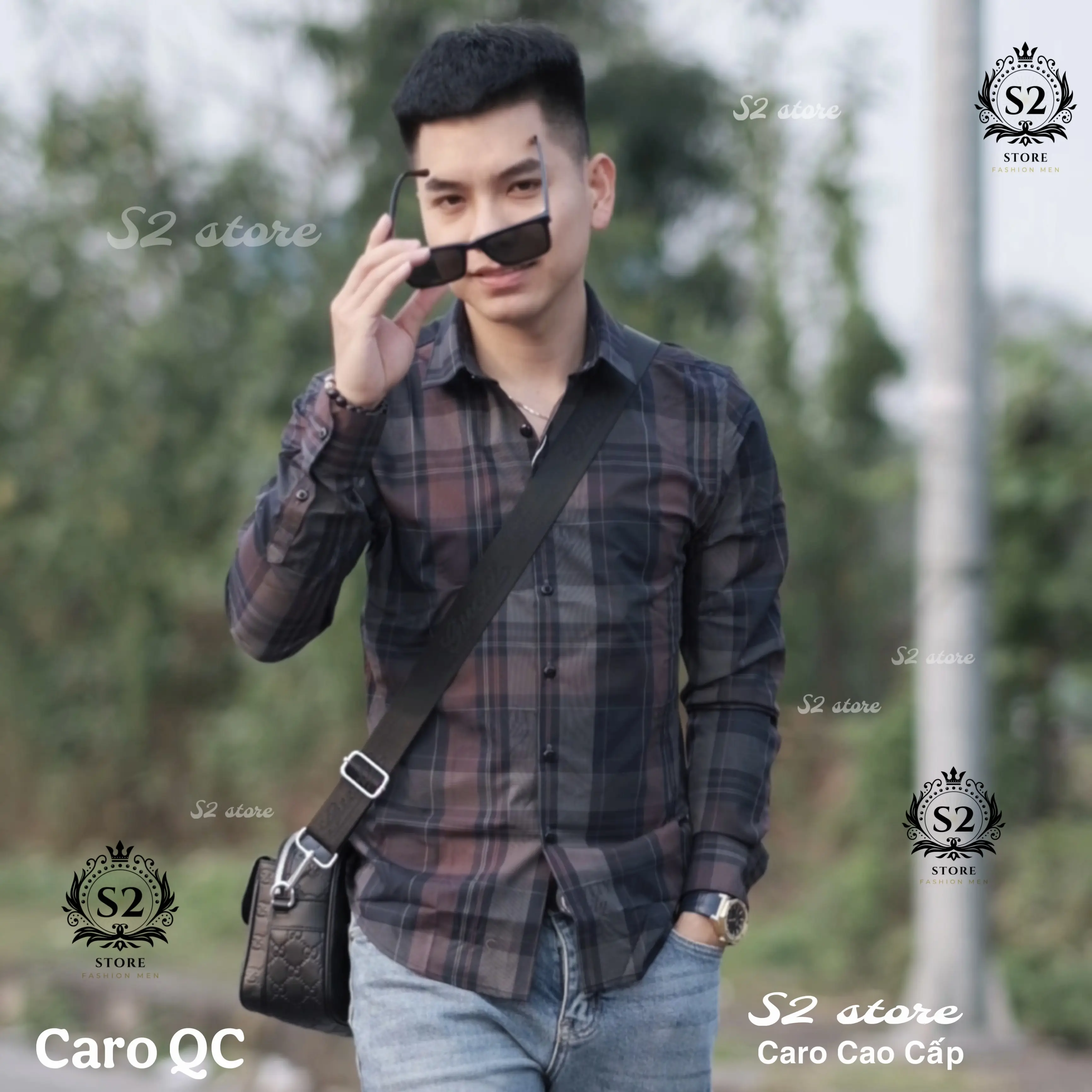 Áo Sơ Mi Sọc Caro Quảng Châu Xanh Cam Xám Mềm Mịn Nam Menswear Shirt Cổ Tròn Kem Có Cổ Kate