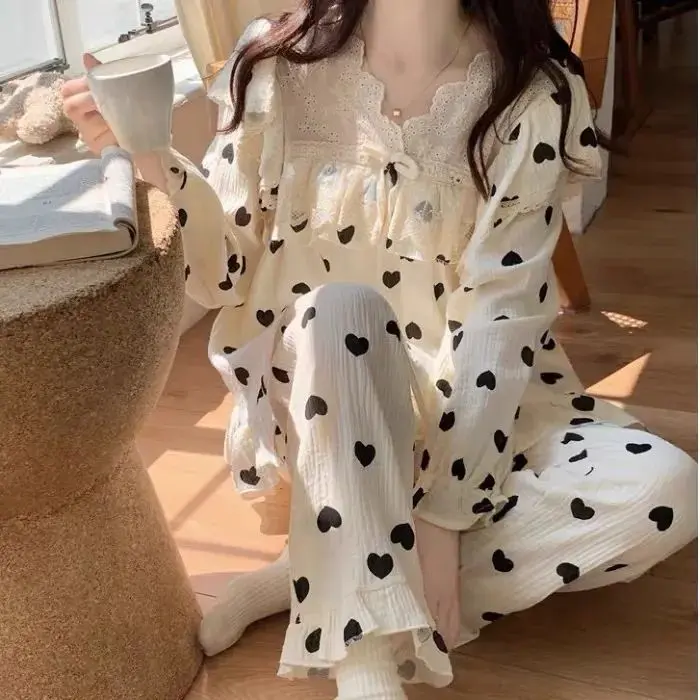 Bộ Đồ Ngủ Ren Đơn Giản Và Ngọt Ngào Dành Cho Nữ, Bộ Sưu Tập Mùa Xuân Và Mùa Thu, Hàng Mới Về Năm, Áo Dài Tay Và Quần, Thích Hợp Cho Bé Gái, Bộ Đồ Mặc Hàng Ngày Cao Cấp, Đồ Mặc Nhà, Thiết Kế Hợp Xu hướng Và Dễ Thương
