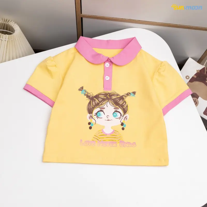 [10-52kg] Áo thun cotton bé gái cổ trụ in hình dễ thương 2