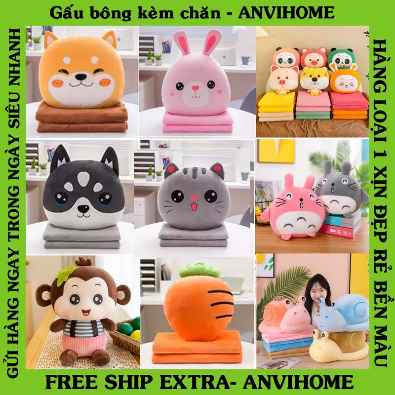 Bộ chăn gối hình Cún (chó) inu, chó Husky, Cún ngáo, Chó (cún) có chăn - Gối mền văn phòng - Gối văn phòng 3in1 ANVIHOME