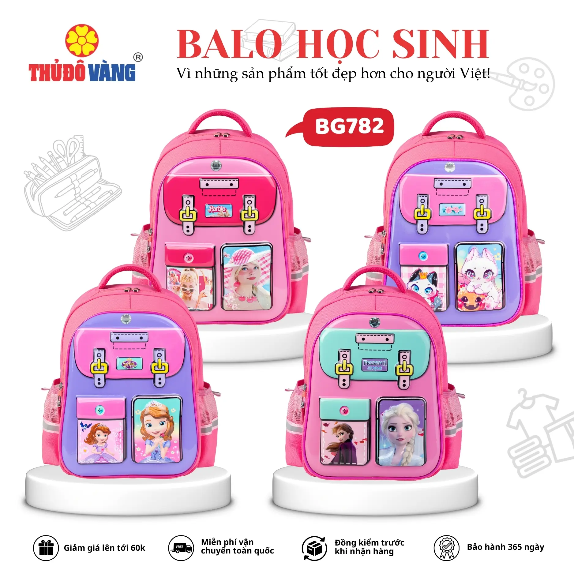 Balo Cho Bé Gái Thủ Đô Vàng Đệm Lưng Thoáng Khí Chống Nước - BG782