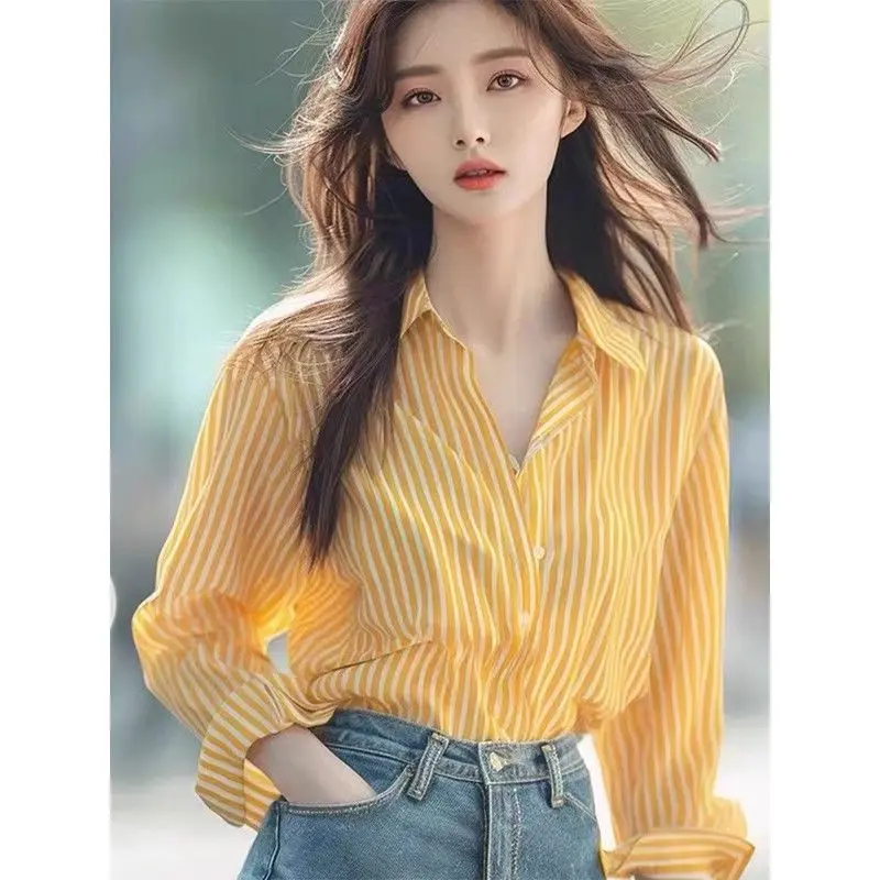 Áo Sơ Mi Sọc, Sọc Vàng, Dành Cho Nữ, Giá Cả Phải Chăng, Cao Cấp, Phong Cách Sang Trọng, Thích Hợp Cho Đầu Mùa Thu, Duyên Dáng Và Thời Trang, Áo Dài Tay, Hàng Mới Về, 2024 3