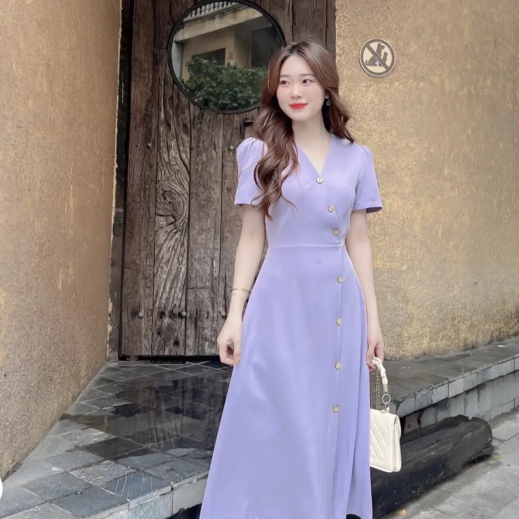 Đầm Váy Nữ Cổ V Phối Khuy Dáng Dài Form Chữ A U&M Có Bigsize(Vt22) Women Dress