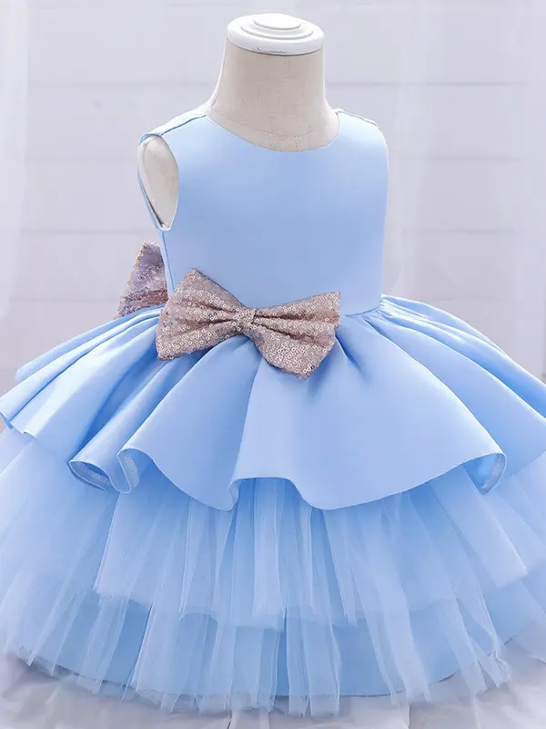 Toddler Girl's Bow Decor Mesh Sweater Dress, Elegant Big Bow Decor Princess Dress for Party Wedding Guest, Kids Clothes for All Seasons 3
