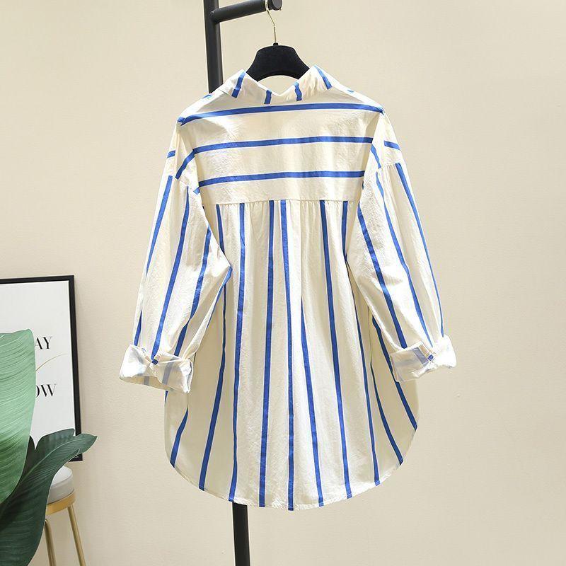Product Introduction of Young Green Striped Shirt for Women 2024 Spring and Autumn New Korean Style Loose Casual Long Sleeves Shirt Sun Protection Shirt Top 1
