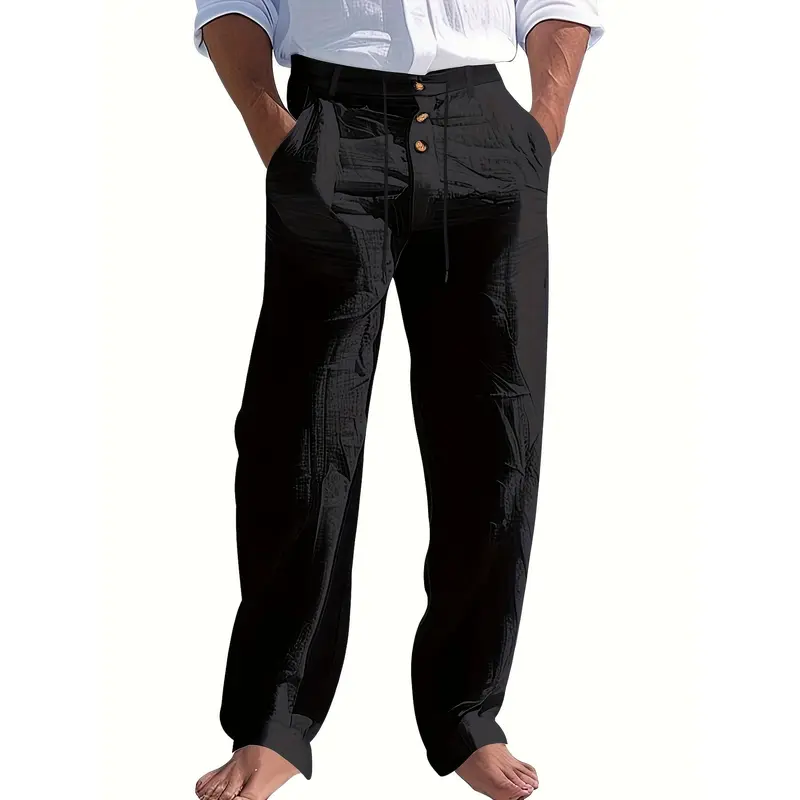 Men's Lightweight Linen Beach Pants -, Straight Leg, Solid with Drawstring Waist & Button Details for Spring/Summer Casual Wear, Outdoor Leisurewear |   Comfortable Leisurewear 6