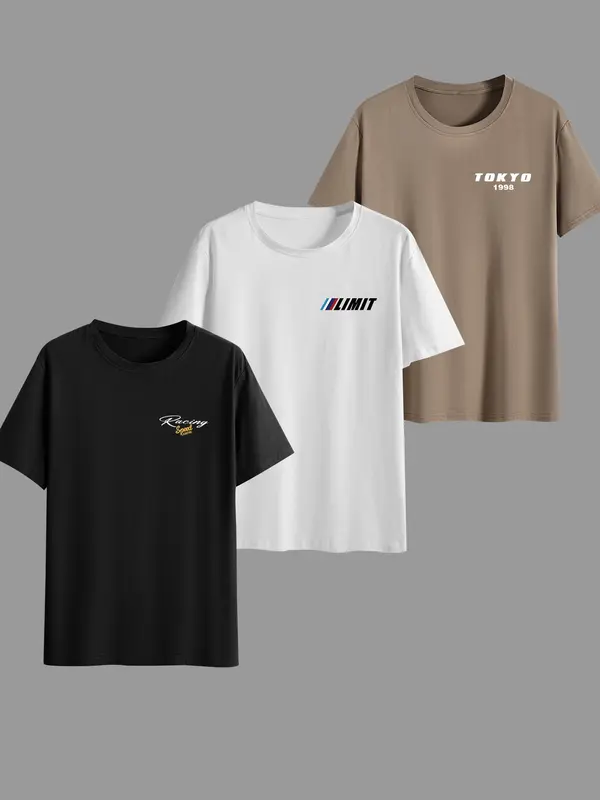 Men's Car & Letter Print Tee, Regular Fit Casual Short Sleeve Round Neck T-shirt for Summer, Men's Top for Daily Wear 1