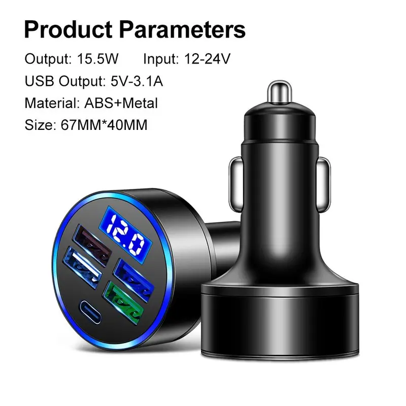 Portable 4 Port USB Car Charger, 1 Count 4 USB Ports Car Charger with LED digital display, Car Charger Adapter 3