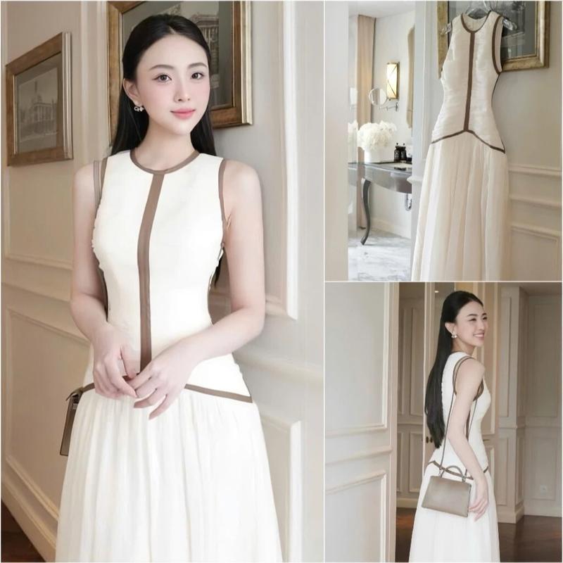 Đầm nữ áo sát nách phối viền nâu, Chân váy dáng dài 2 lớp sang trọng Hb.closet D177