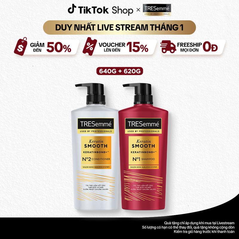   3  FS  Combo Dầu Gội 640g + Dầu Xả 620g TRESemmé Keratin Smooth Công Thức Hydrolyzed Keratin Hỗ Trợ Dưỡng Tóc Vào Nếp Suôn Mượt Nữ 