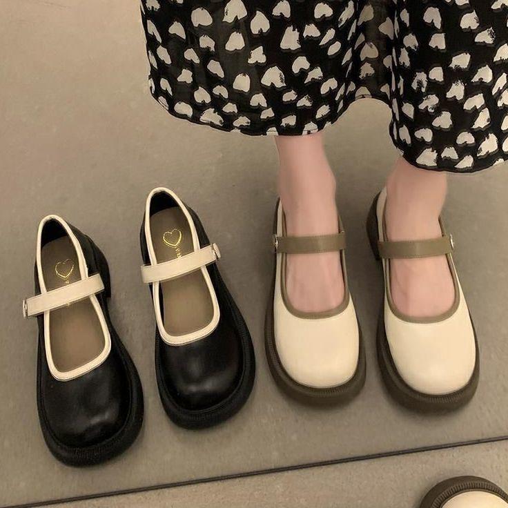 Fashionable Thick-Soled Mary Jane Leather Shoes 2024 Soft-Soled Buckle Retro Low-Cut Chunky Heel Shoes with Single-Layer Shoes 2