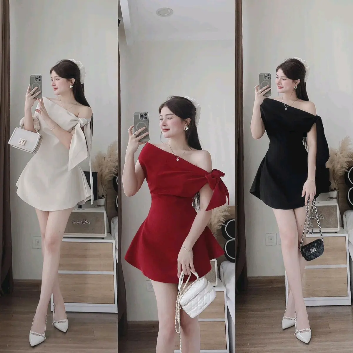 Đầm nữ cột nơ lệch vai dáng ngắn chất tapta ánh kim cực xinh cho nàng HT01- Dress