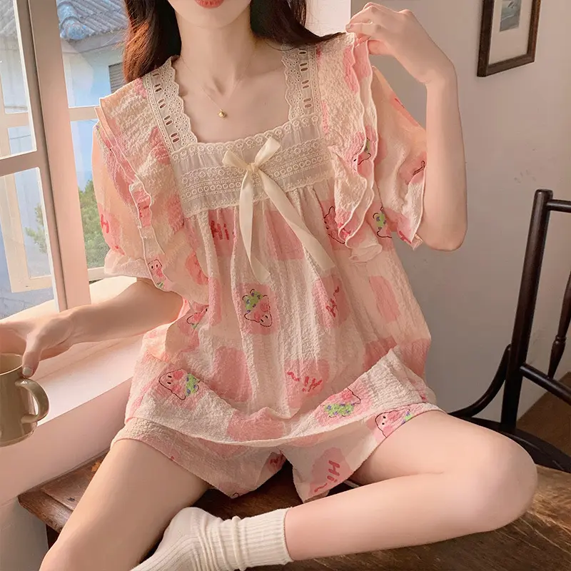 Patrick Star Short sleeved Lace Bubble Wrinkled Pajamas for Women Sweet Home Fury Set for Women Outwear