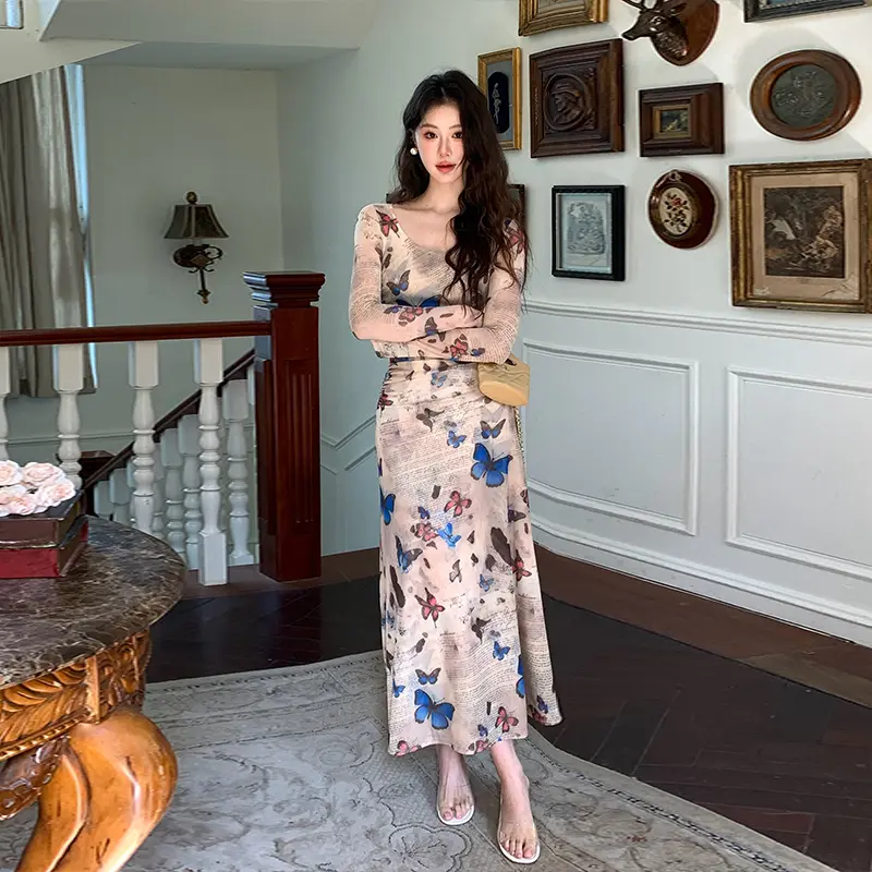 High-End Quality Hot Girl Vintage Butterfly Print Dress Pleated Nipped Waist Sexy Slim Hip Long Dress