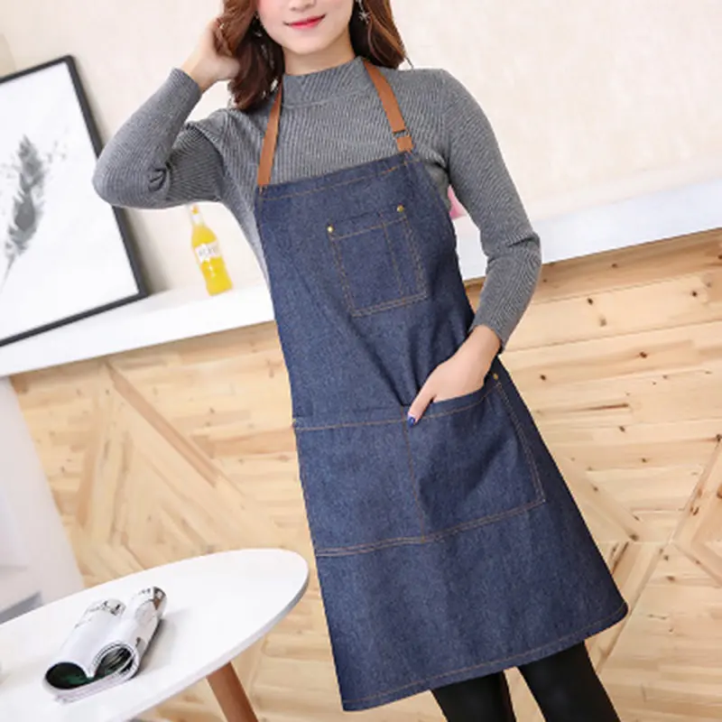 Váy Tạp Dề Yếm, Dành Cho Người Lớn, Màu Xanh Denim, Thích Hợp Để Nấu Ăn, Nhà Bếp, Phục Vụ Khách Hàng, Có Túi, Làm Việc Nhà Hàng 1
