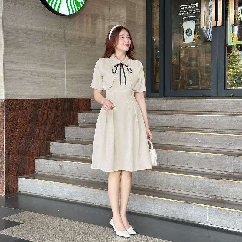 Đầm thiết kế BEMINE giả áo khoác tay lửng dáng xoè phù hợp đi làm, đi chơi và đi tiệc dành cho Nữ MT8845 Women Kem