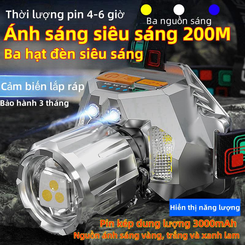 Đèn Pin Đội Đầu Siêu Sáng,18650  2 Pin dung lượng lớn 3000mAh, Ánh sáng siêu sáng 100-200M,Điều chỉnh nguồn sáng ba màu,Chống Thấm Nước Có Thể Sạc Lại Tiện Dụng