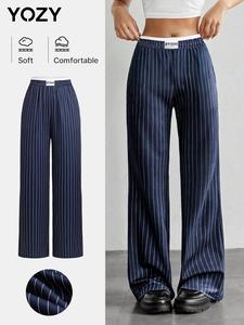 YOZY Women's Striped Print & Letter Patched Pocket Pants, Casual Comfy Trousers for Daily Wear, Ladies Bottoms for All Seasons