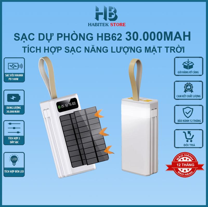 Sạc Dự Phòng HB62 30.000MAH ,Kết Hợp Sạc Năng Lượng Mặt Trời ,Tích Hợp 2 Dây Sạc , Sạc Siêu Nhanh,  Bảo Hành 6 Tháng [ Đổi trả bất kỳ lý do gì ] Phụ Kiện Điện Thoại Pin Dự Phòng Đèn
