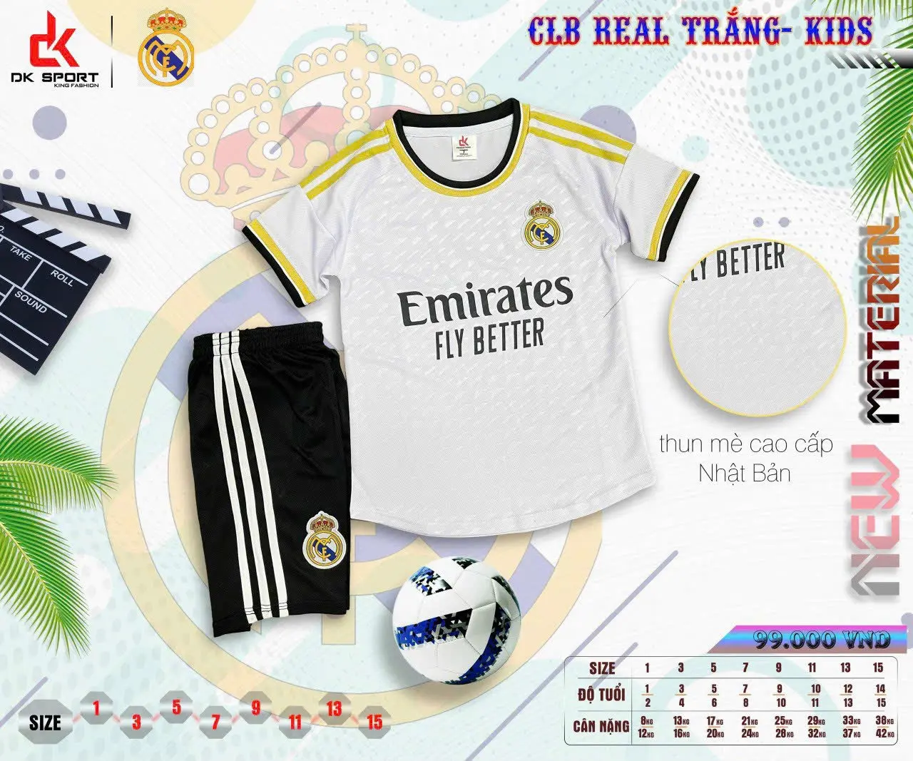 Bộ quần áo đá bóng Real Madrid trắng sọc vàng- trẻ em- vải mè Nhật (có in TÊN + SỐ theo yêu cầu)