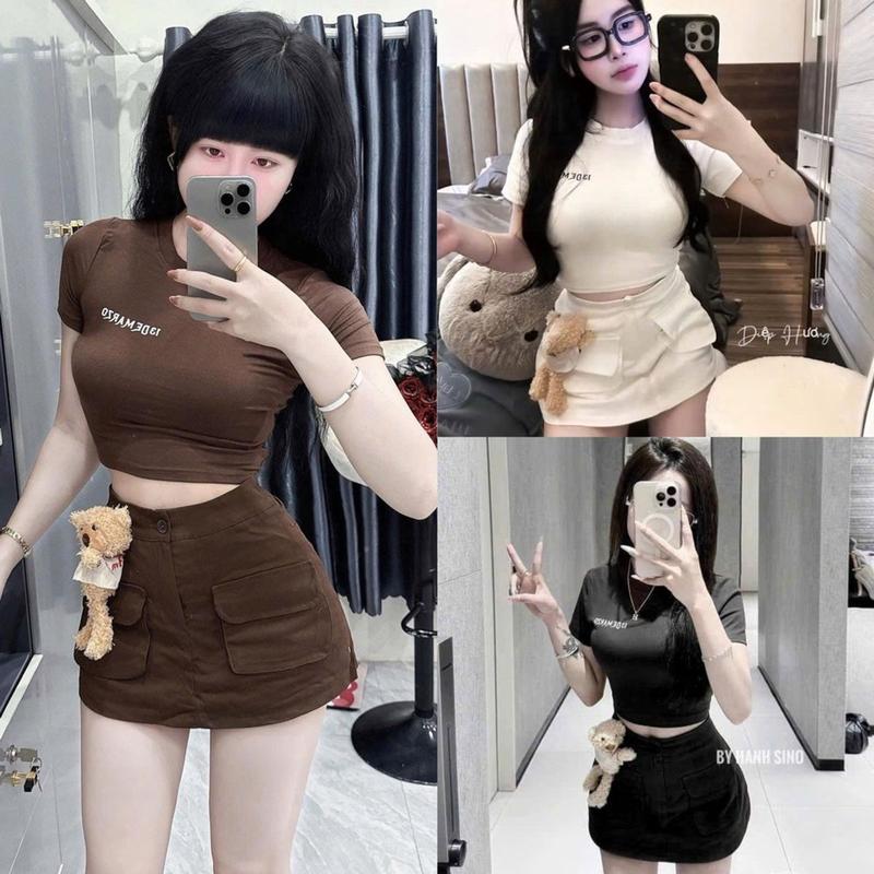 SET ÁO THUN TAY NGẮN PHỐI CHÂN VÁY TÚI HỘP DÁNG A KÈM GẤU ĐEN TRẮNG 1