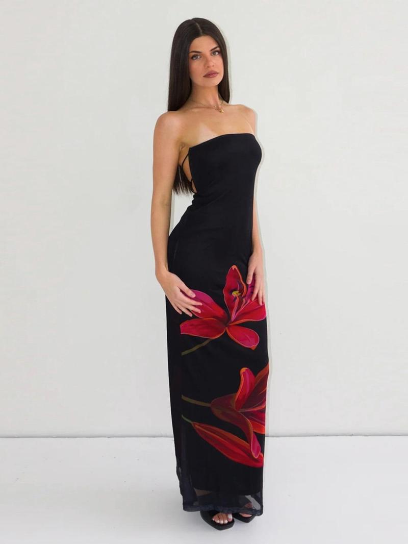 Product Introduction of Women's Floral Print Tube Dress, Elegant Strapless Maxi Dress for Party Holiday Vacation, Ladies Summer Clothes 5