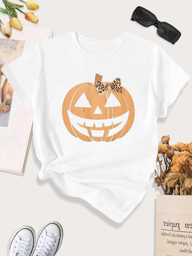 Product Introduction of Women's Bow Pumpkin Print Round Neck Graphic Tee, Fashion Casual Short Sleeve T-shirt for Daily Holiday Vacation Outdoor Wear, Ladies Clothes for All Seasons 4