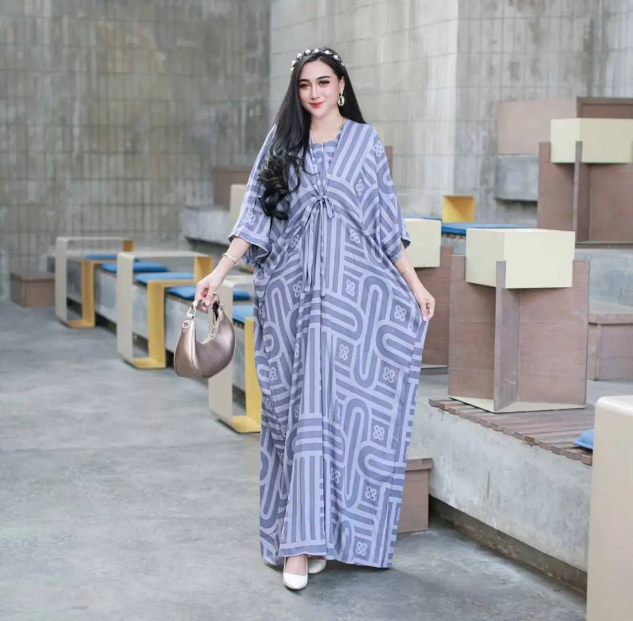 Maudy Premium Kaftan Bahan Rayon Jumbo Tali Depan Motif Monochrome LD 180 cocok untuk sehari - hari Mewah simple elegan Baju Batik Muslim Gamis Wanita Tebal Panjang