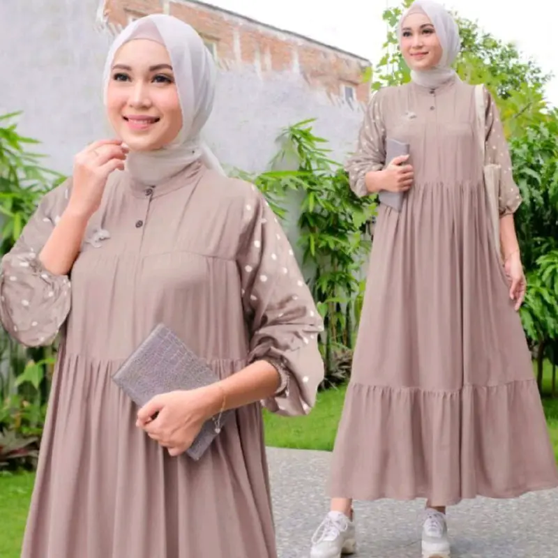 Dasima Gamis polos Kombinasi Polkadot midi Dress terbaru Muslim Lembut Kain Fit Cantik Kancing  Motif Panjang Rayon Wanita Ibu  Nyaman Variasi  Katun Kerah Menyusui 4