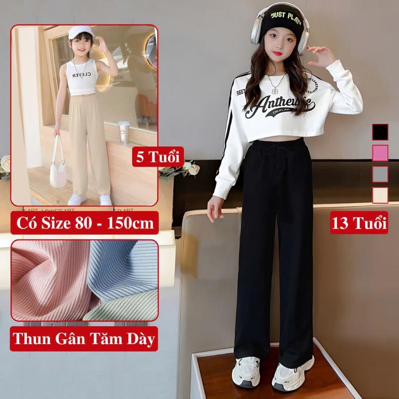 Quần Dài Ống Rộng Cho Bé Gái 5–13 Tuổi, Quần Suông KooKoo Vải Thun Gân Tăm Co Giãn, Quần Thun Dài Bé Gái Dễ Phối Đồ, Quần Suông Ông Rộng Bé Gái Cấp 1 Cấp 2, Quần Suông Thun Gân Đi chơi Đi Học, Quần Dài Suông Rộng Bé Gái Thời Trang, Quần Dài Thu Đông
