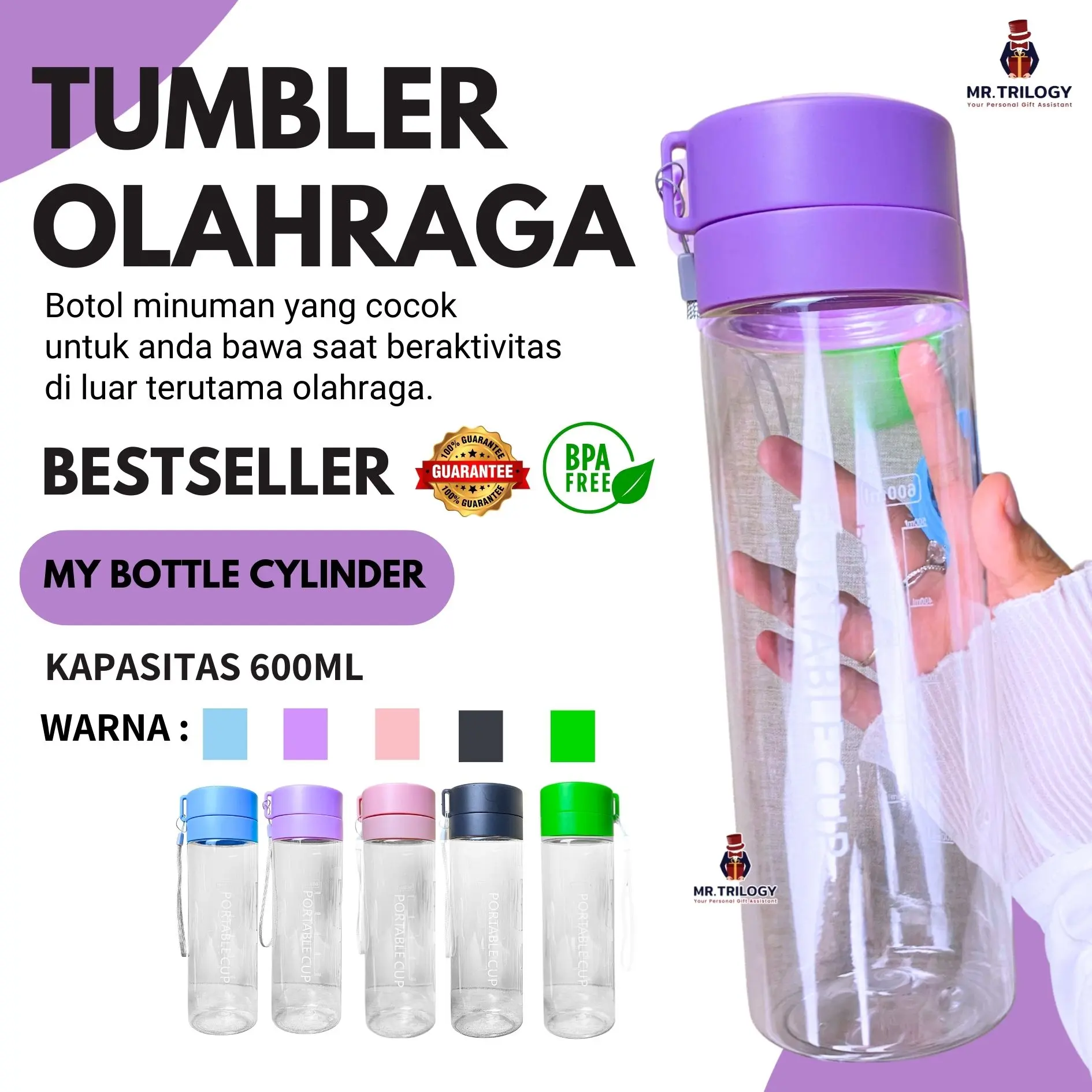 Botol Minum Plastik Cylinder Cup 600ml Botol Minum Tritan Botol Minum Transparan BPA Free Tempat Air Minum Tumbler