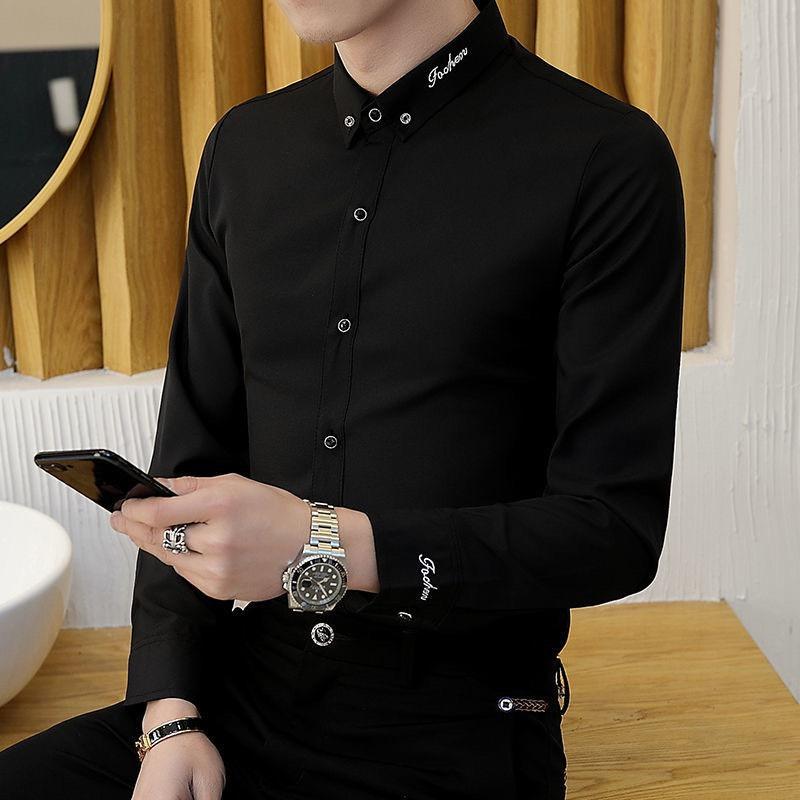 Áo sơ mi nam tay dài phối họa tiết chữ viền cổ và tay PN08, sơ mi nam chất kate lụa cao cấp Hàn Quốc phong cách trẻ trung năng động Menswear