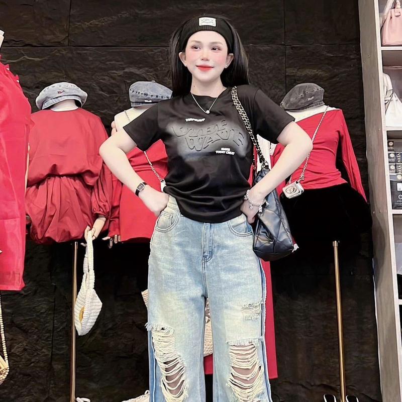 [VIBEWAVF] Áo Thun Nữ From Ôm Vừa In Hình Dập Nỗi Vibewaef Loang Màu Cá Tính ,Cổ Tròn ,Tay Ngắn ,Vải  Thun Co Giản 4 Chiều