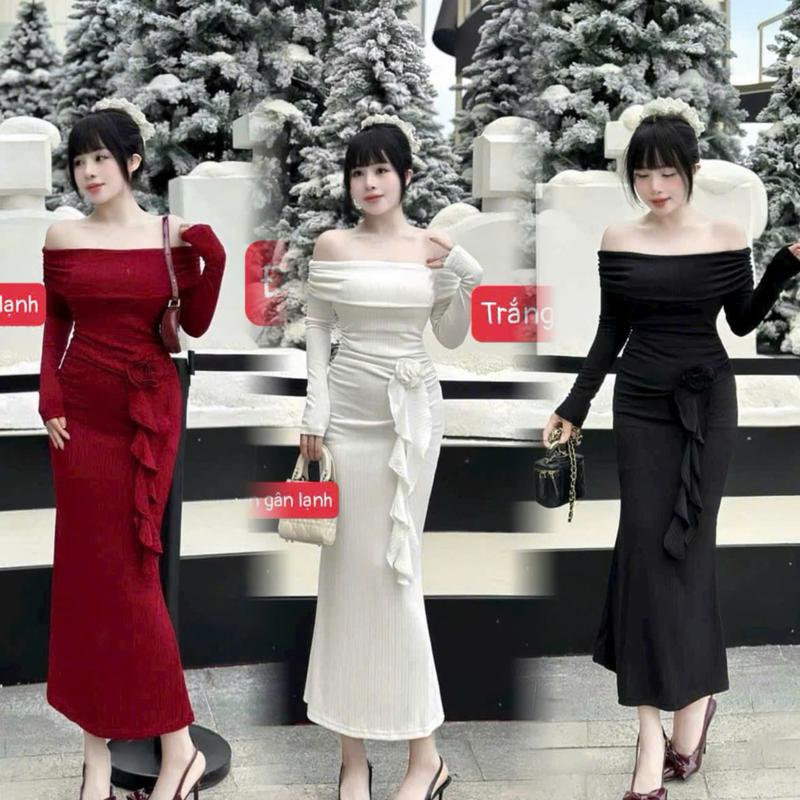 SM - Đầm trễ vai dáng ôm tay dài mix hoa eo tua rua tôn dáng - thun tăm thái L741 Váy boby váy body nữ tôn dáng váy xinh váy đi tiệc váy đi biển váy trễ vai