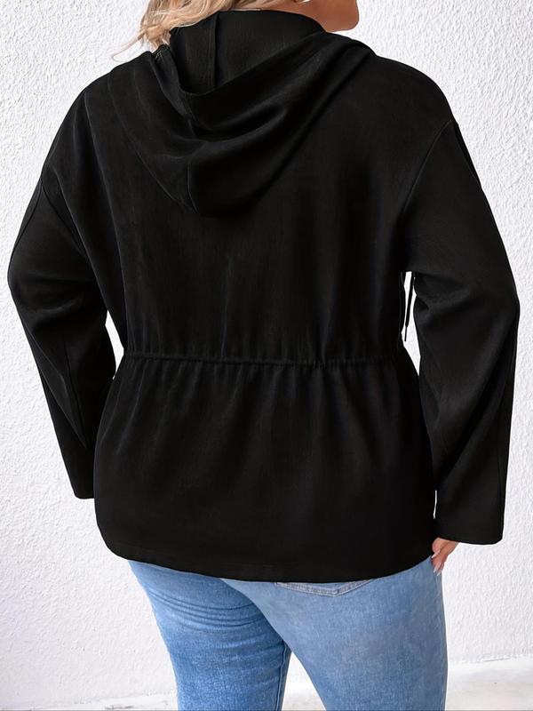 Plus Solid Drawstring Button Front Zip Up Hooded Jacket, Fashion Casual Pocket Drop Shoulder Outerwear for Daily Wear, Women Plus Clothing for Spring Fall 1