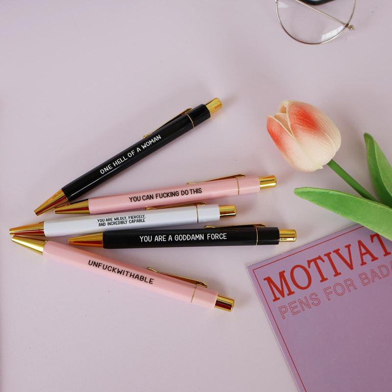 Product Introduction of Motivational Letter Pattern Ballpoint Pen Set, 5 Counts/set Creative Funny Slogan Ballpoint Pen, Writing Pen for Office School Student 4