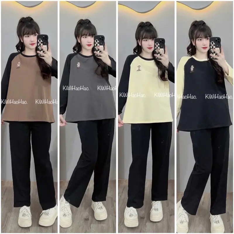 Bộ bầu bộ sau sinh - Bộ Cottong dài tay thêu labubu nhỏ tay pha - Quần có chun chỉnh tiện lợi