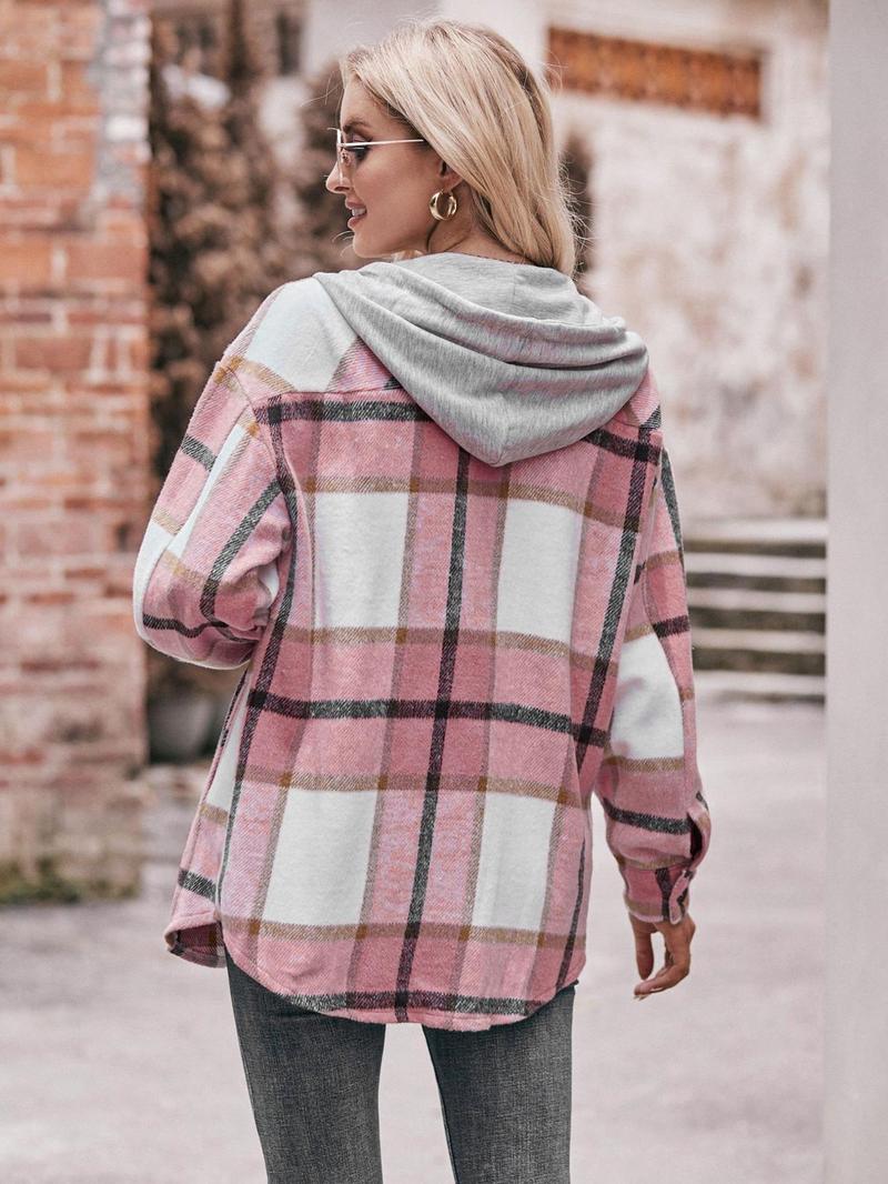 Product Introduction of Women's Plaid Print Button Front Drawstring Hooded Coat, Casual Drop Shoulder Long Sleeve Pocket Outerwear for Fall & Winter, Ladies Clothes for Daily Wear 6