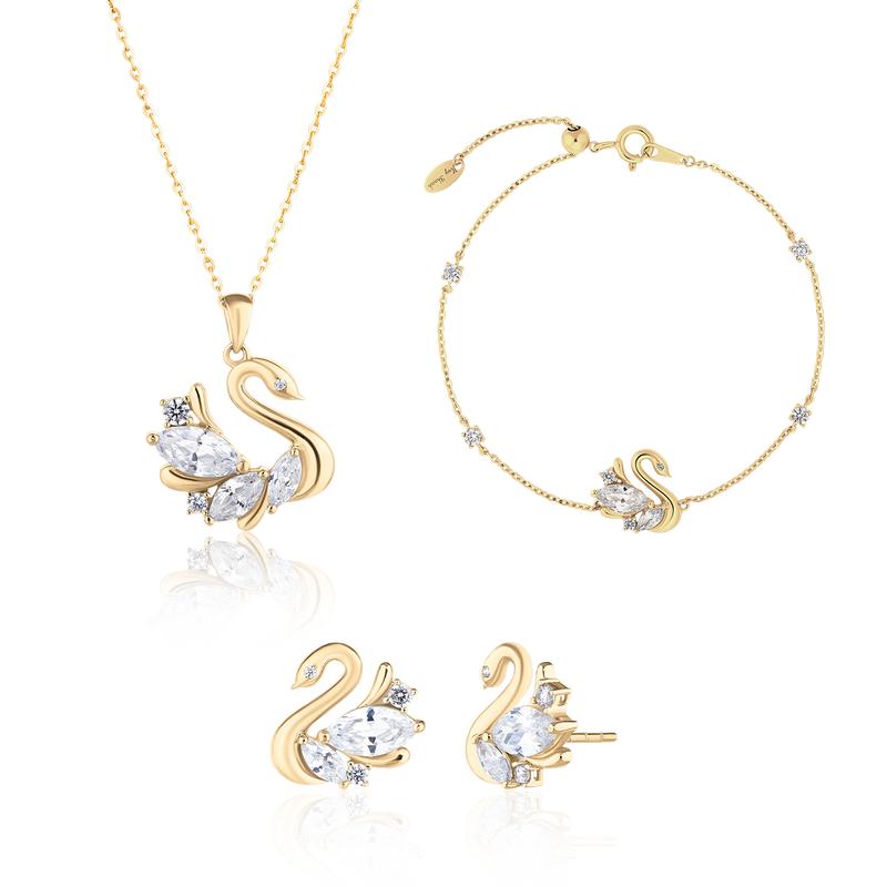 HuyThanhJewelry PTB353 Bộ Trang Sức Vàng 14k Họa Tiết Thiên Nga Gắn ĐÁ Cz 1