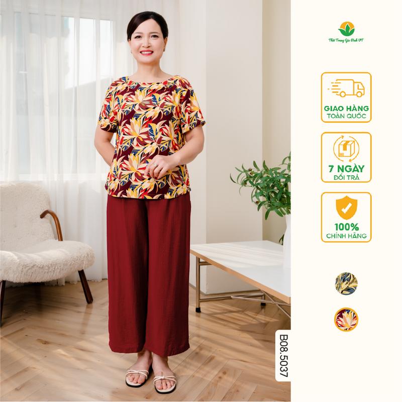 Bộ áo lanh phối quần linen trung niên, quần dài áo cộc tay họa tiết  thời trang Việt Thắng  B08.5037 Nữ Women Top