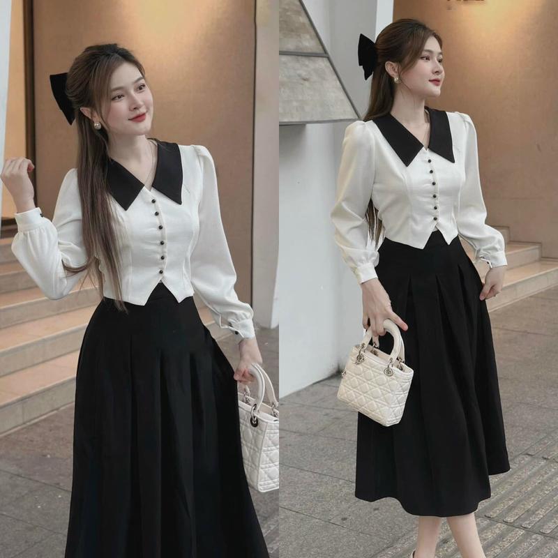 Set Đầm Váy Nữ. Áo Cổ Vest Phối Nút Tay Dài Kèm Chân Váy Dáng Xòe Voi Women Top