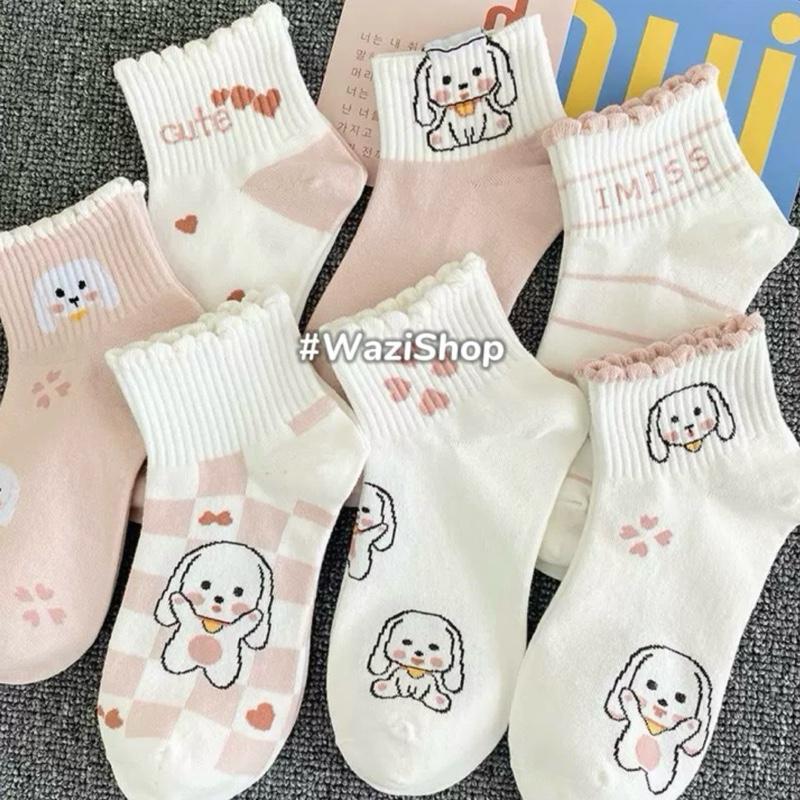 Sét 5 đôi tất nữ cổ ngắn hoạ tiết cún tone màu hồng cam
