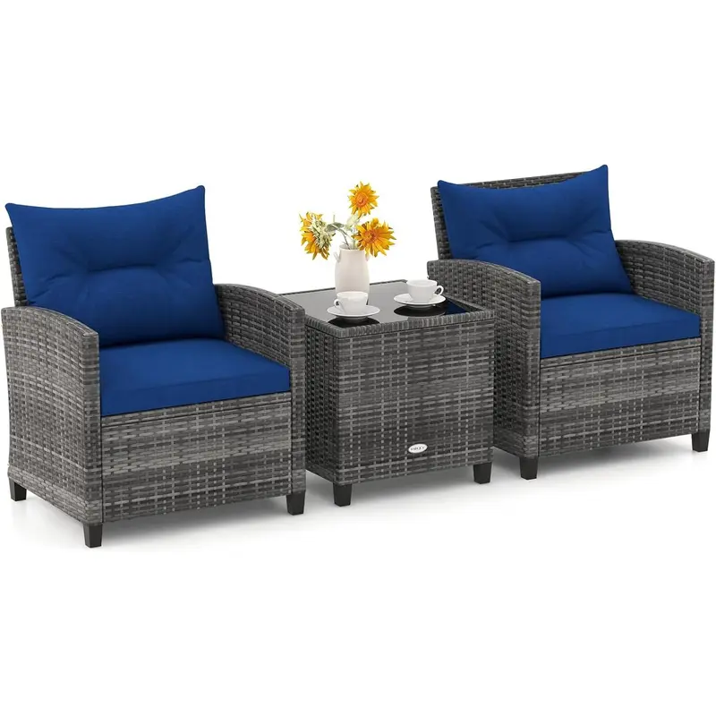 3 Pieces Outdoor Rattan Bistro Set, Patio Wicker Conversation Furniture Set with Cushions & Tempered Glass Tabletop, Metal Frame Garden Conservatory Sofa Table for Porch Balcony (Navy) 0