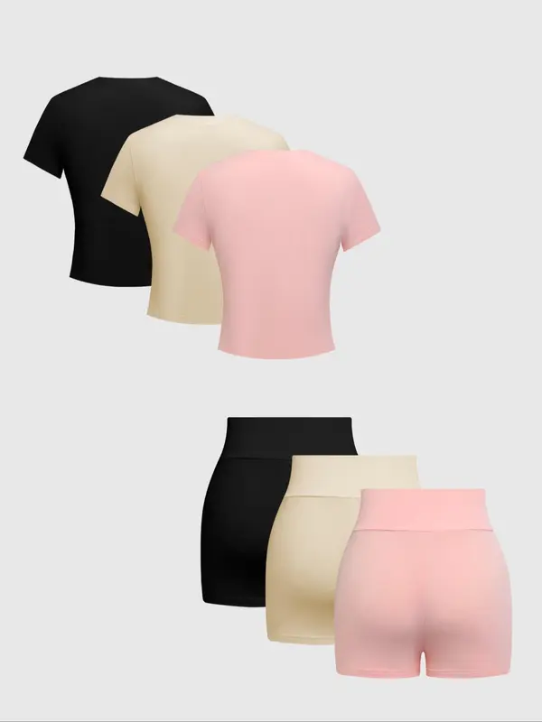 Women's Solid Round Neck Tee & Skinny Shorts Set, Casual Short Sleeve T-shirt & Short Leggings, Ladies Summer Clothes, Matching Set 7