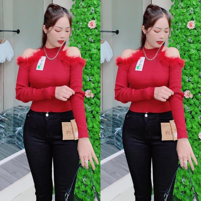 Áo tay dài thun tăm trễ vai phối lông mềm mịn mang với quần chân váy đều đẹp phù hợp mùa thu đông