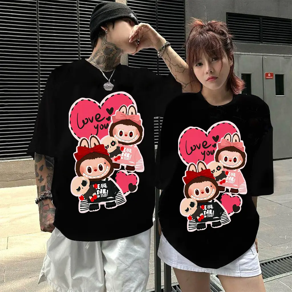 S-5XL Ready Stock Labubu Couple T-shirt Women/Girls Pop Mart Labubu T Shirt Cute and Comfortable Cartoon Casual Cotton Tops