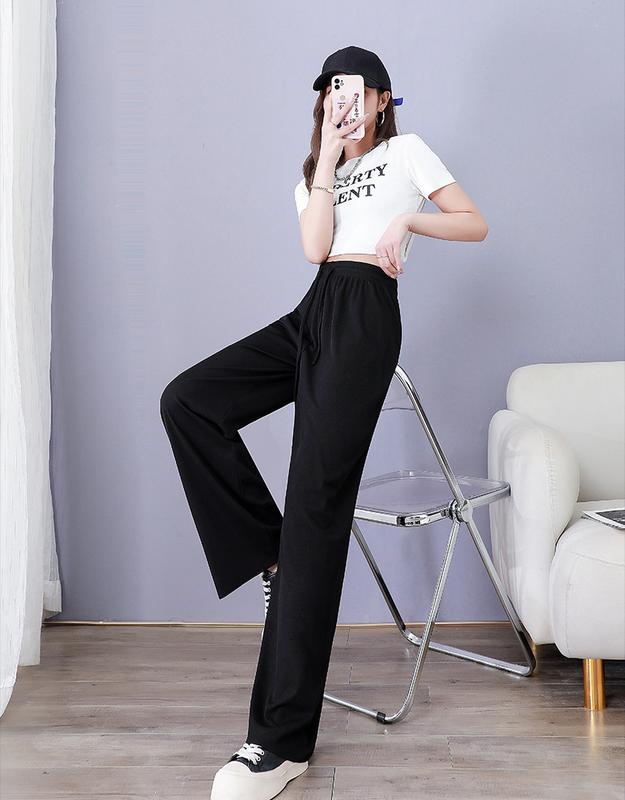 Product Introduction of Ice Silk Wide-Leg Pants Women's 2024 Summer Thin High Waist Drooping Slim Anti-Mosquito Casual Loose Straight Mop Trouser Womenswear Bottom Lingerie 17