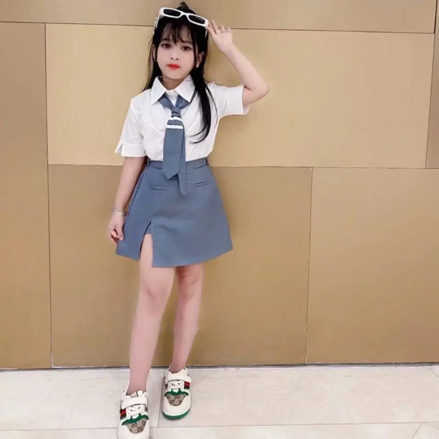 SIÊU RẺ- QUẦN ÁO TRẺ EM- SET ÁO CHÂN VÁY CRAVAT PHỐI SỌC (KÈM QUẦN TRONG)
