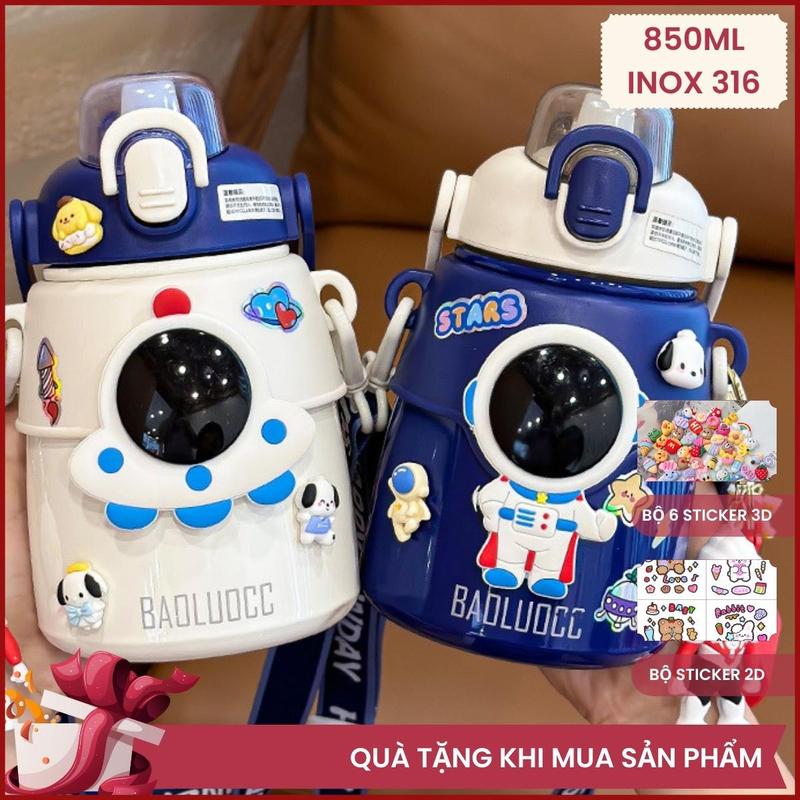 Bình giữ nhiệt cho bé đi học INOX 316 850ML bình nước giữ nhiệt trẻ em phi hành gia tàu vũ trụ, có dây đeo, có ống hút, có quà tặng kèm bộ vệ sinh bình nước , bộ sticker 2D, bộ sticker 3D  TL2316 Kem