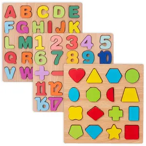 Chunky Puzzle 3D Geometry Huruf Angka Bentuk / Mainan Edukasi Anak Kayu